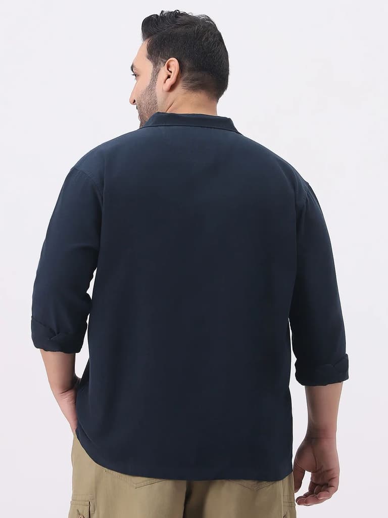 Plus Men's Navy Cotton Full Sleeve Relaxed Fit Shacket with Utility Pockets — photo 4