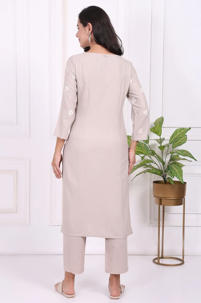 Beige Embroidered Rayon Straight Kurta and Straight Pants Co-ord Set — photo 5