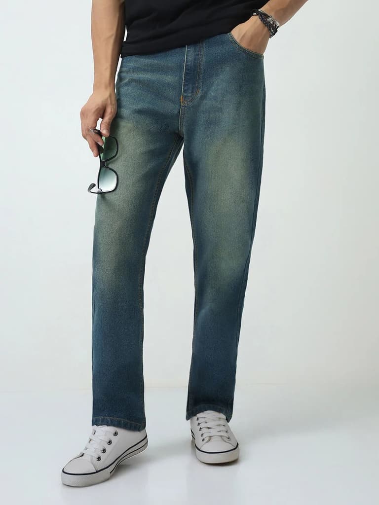 Men's Light Blue Straight Fit Heavy Washed Jeans Stretchable — photo 2