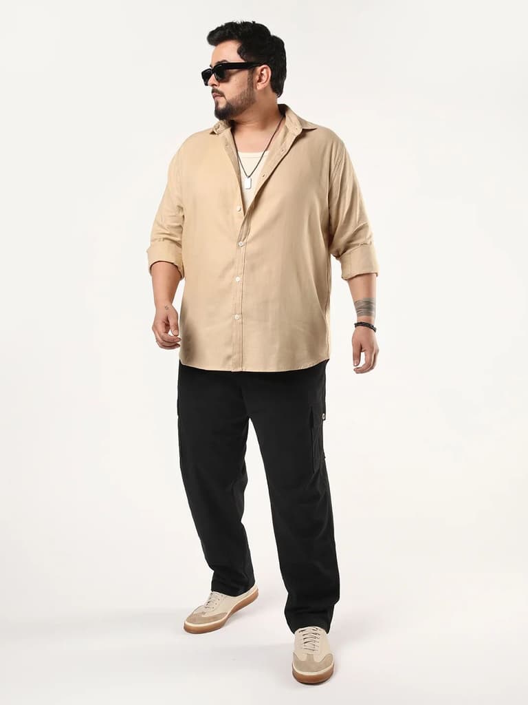Plus Men's Beige Linen Blend Full Sleeve Relaxed Fit Casual Solid Shirt — photo 4