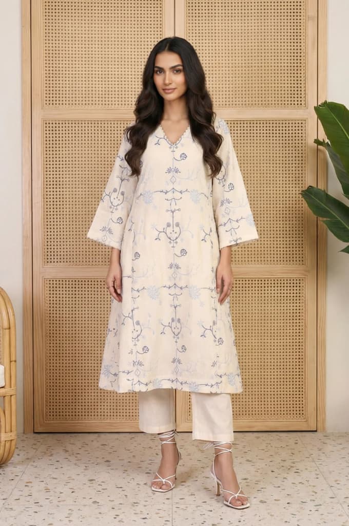 Off White Floral Embroidered Rayon A-line Kurta and Straight Pants Set — XS