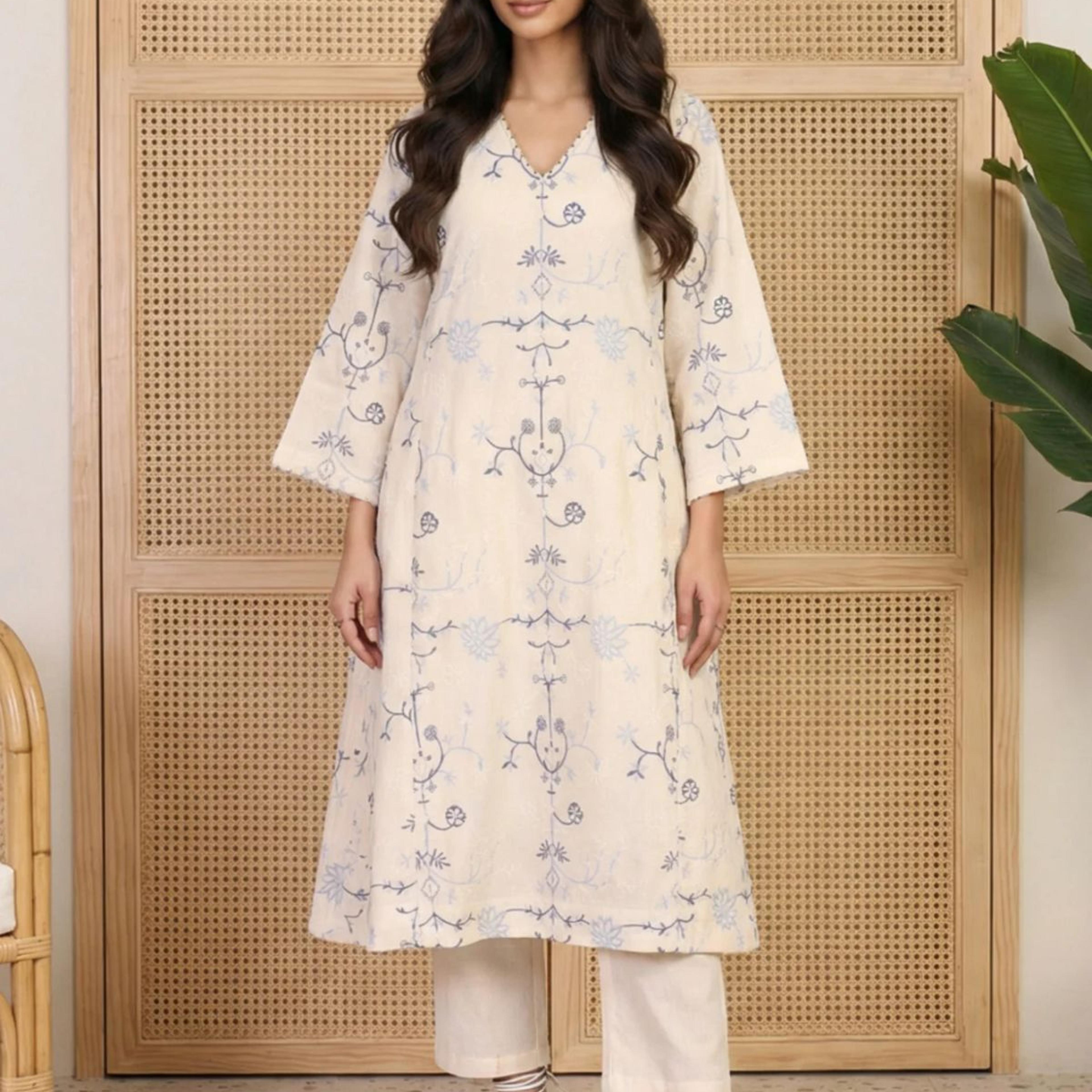 Off White Floral Embroidered Rayon A-line Kurta and Straight Pants Set