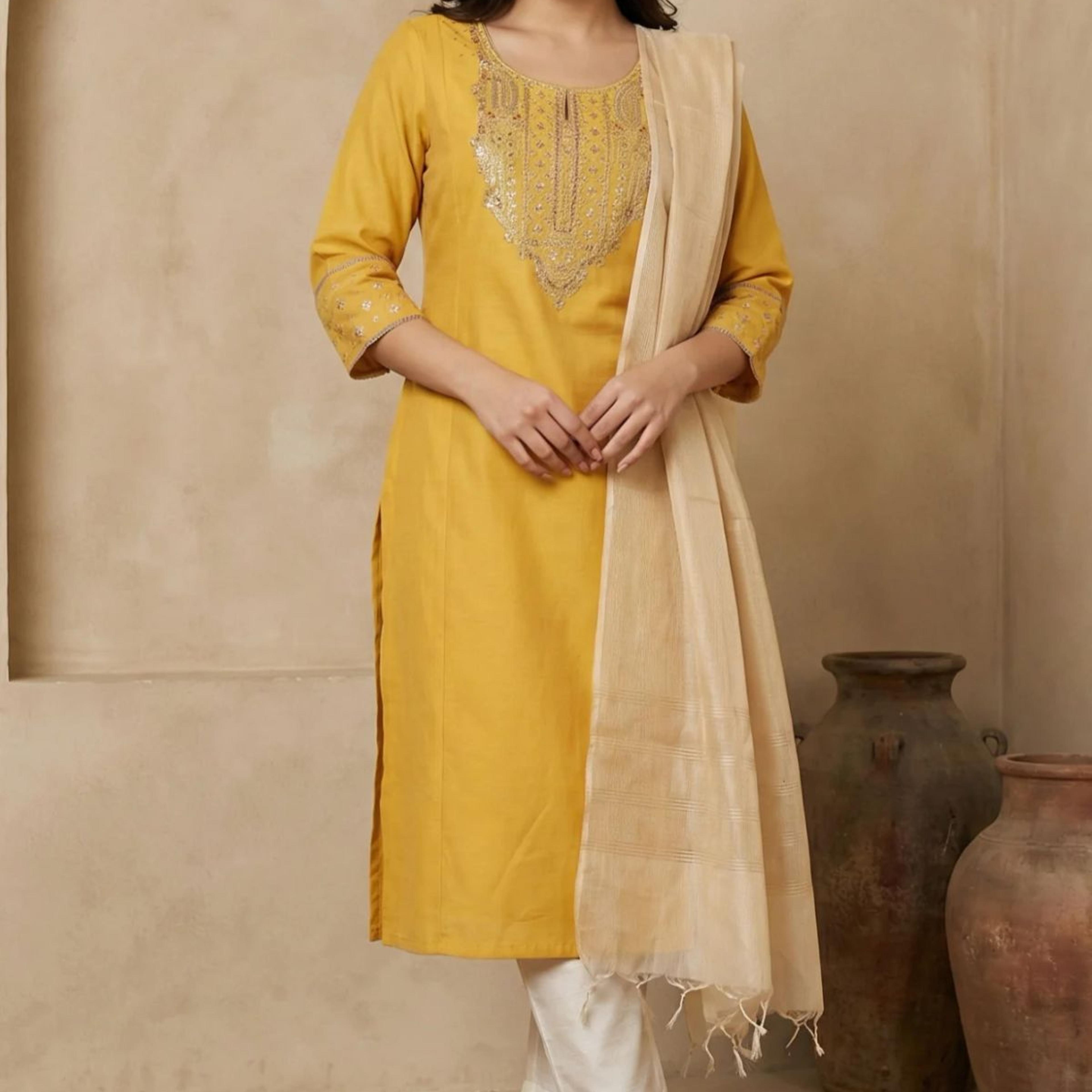 Yellow Embroidered A-Line Rayon Kurta with Straight Pant and Dupatta Set