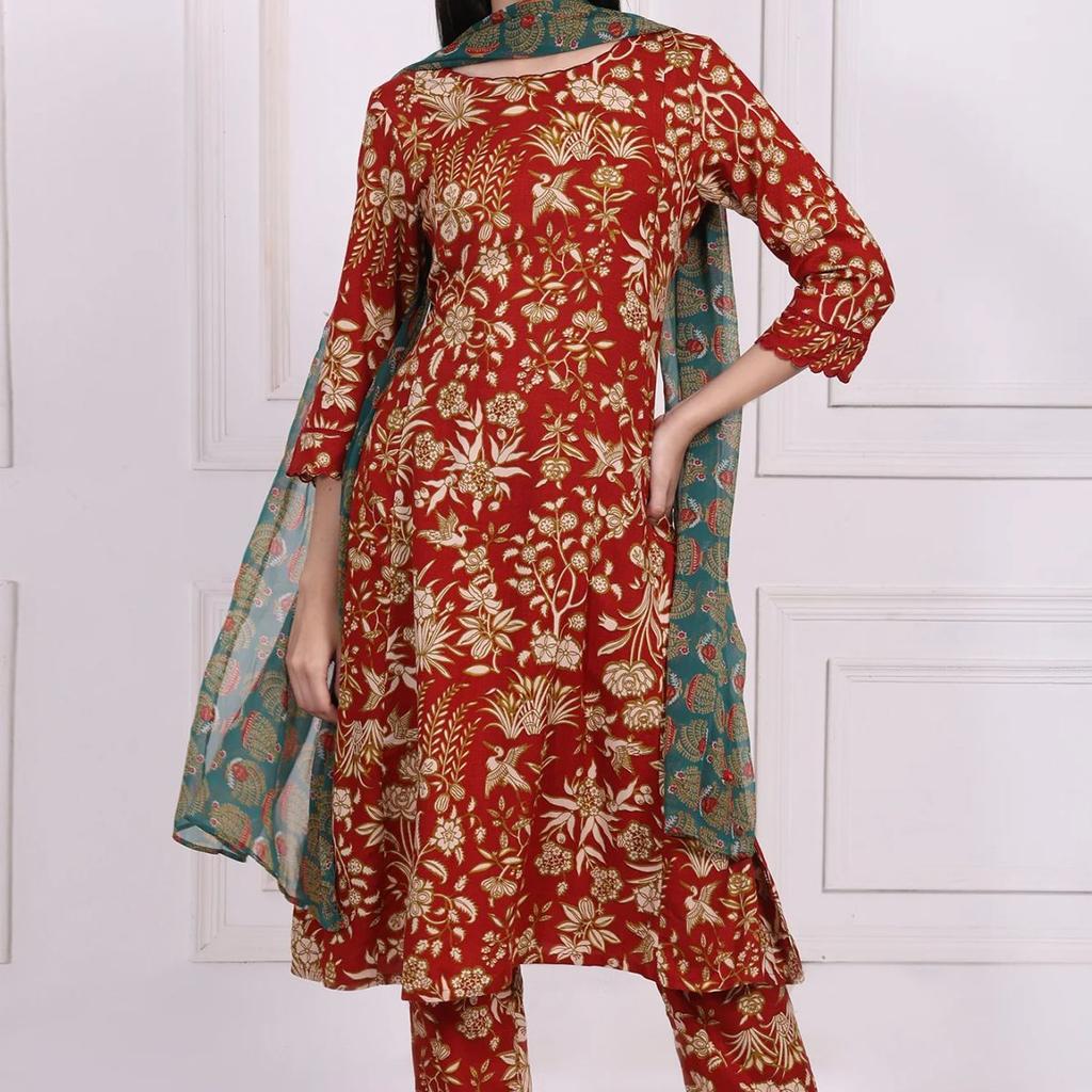 Red Floral Printed A-Line Kurta with Straight Pant and Dupatta Set