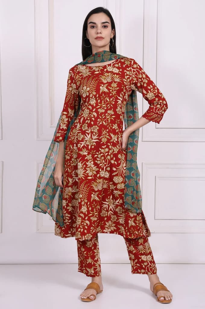 Red Floral Printed A-Line Kurta with Straight Pant and Dupatta Set
