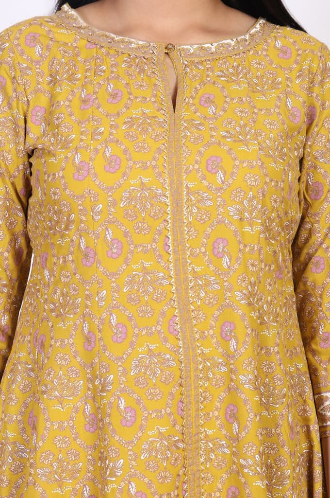 Mustard Floral Printed Rayon A-Line Kurta with Straight Pant — photo 3
