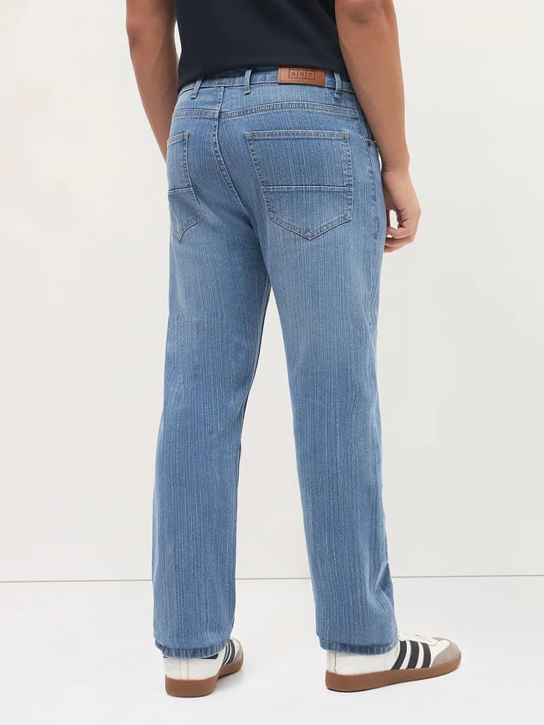 Men's Light Blue Straight Fit Washed Denim Jeans Stretchable — photo 4