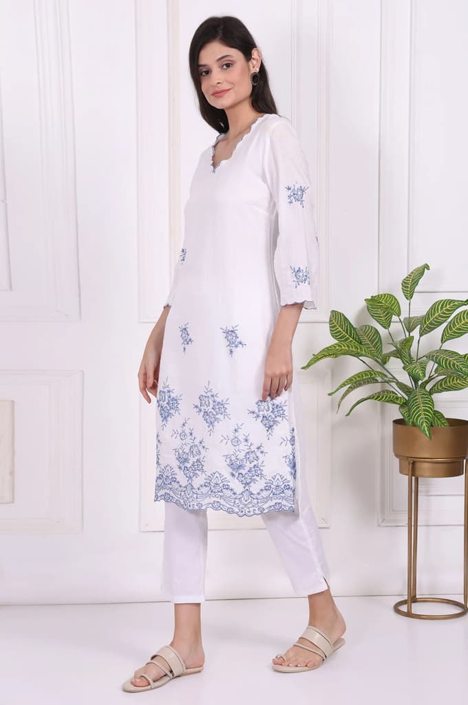 White Floral Printed Thread Embroidered Rayon Straight Kurta — photo 4
