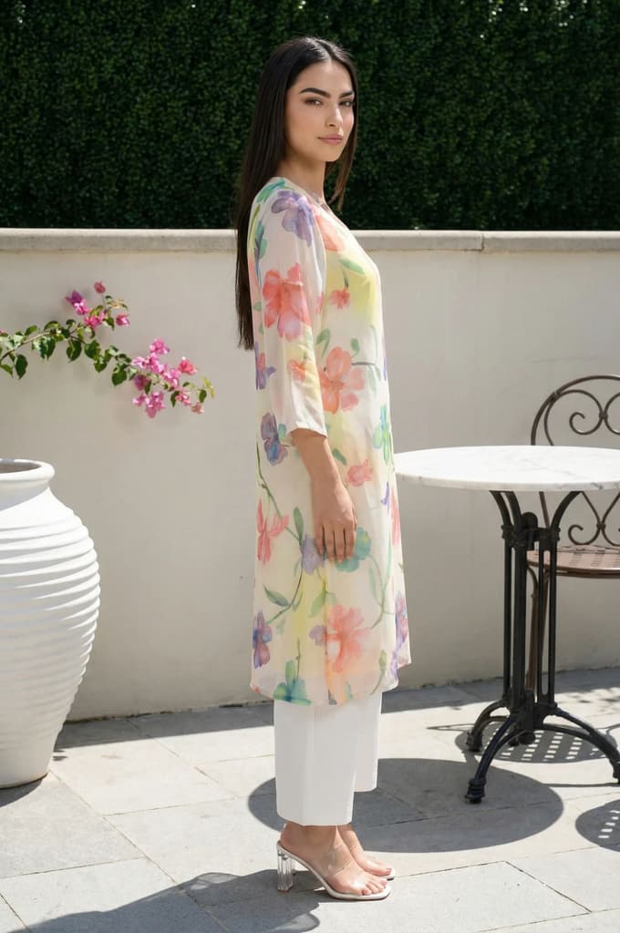 Cream Floral Printed Beadwork Silver Chiffon Straight Kurta — photo 3