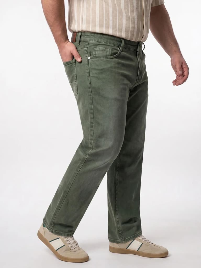 Plus Men's Olive Relaxed Fit Washed Denim Jeans Non-Stretchable — photo 2
