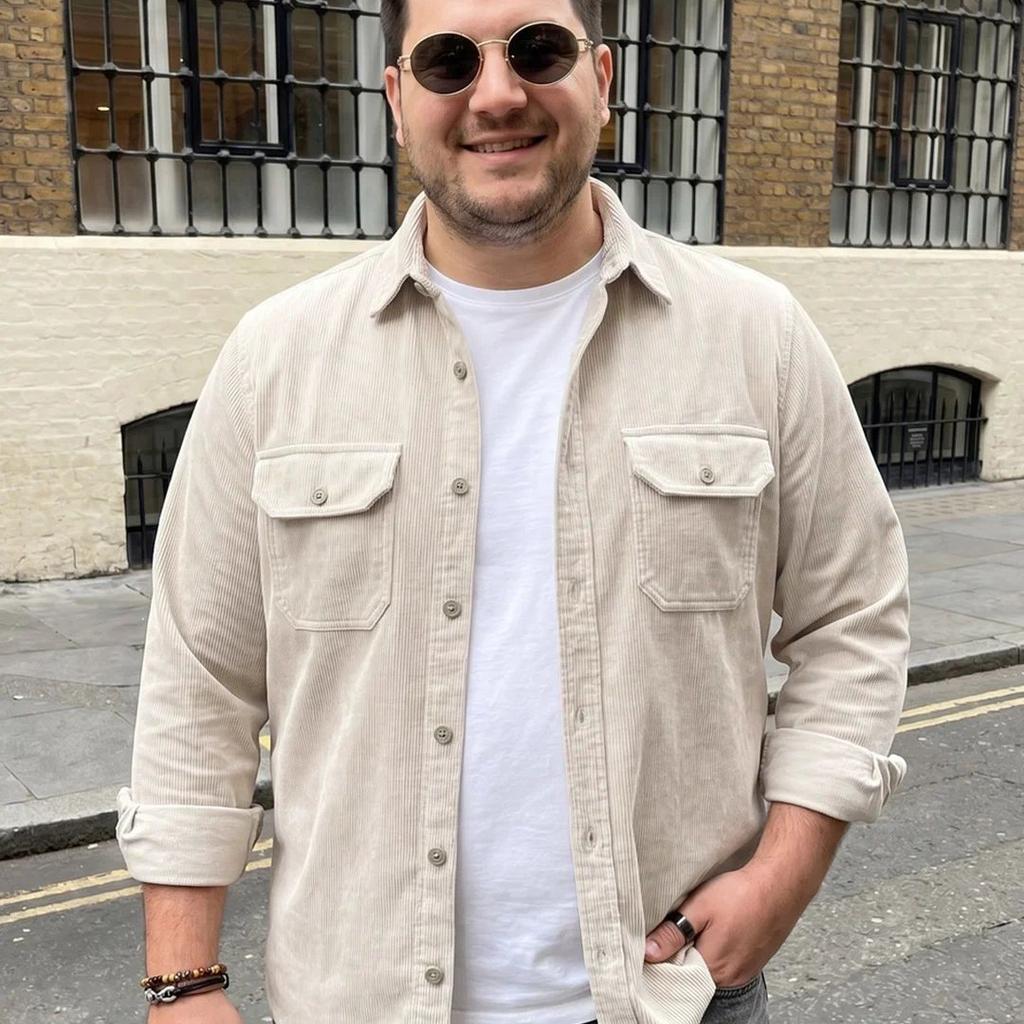 Plus Men's White Corduroy Full Sleeve Regular Fit Solid Overshirt with Utility Pockets