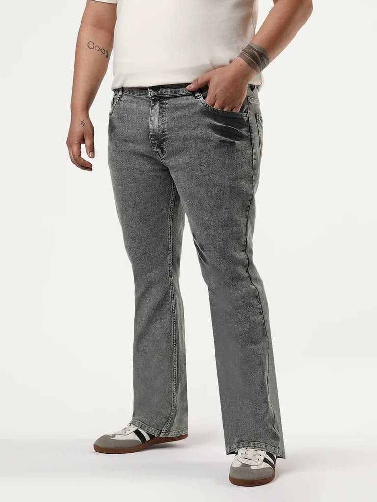 Plus Men's Light Grey Bootcut Fit Mid Rise Acid Wash Jeans Stretchable — photo 2