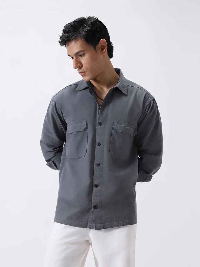 Men's Grey Cotton Full Sleeve Relaxed Fit Shacket with Utility Pockets — photo 2