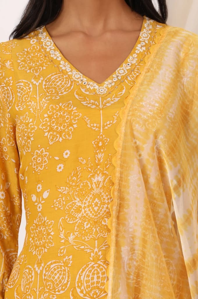 Mango Yellow Printed Flared Kurta and Pants Set with Dupatta — photo 4