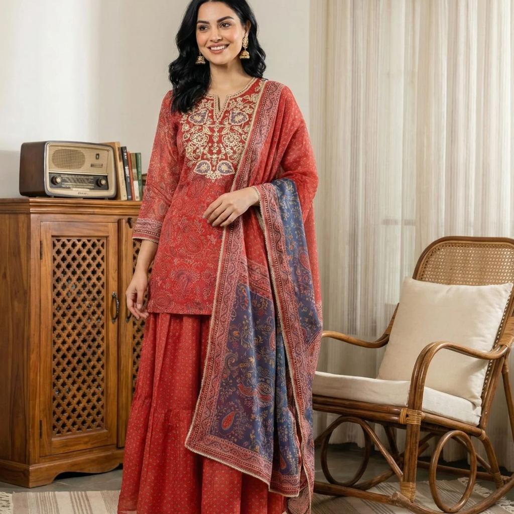 Red Zari Embroidered Paisley Printed Chanderi Straight Kurta with Sharara and Dupatta Set