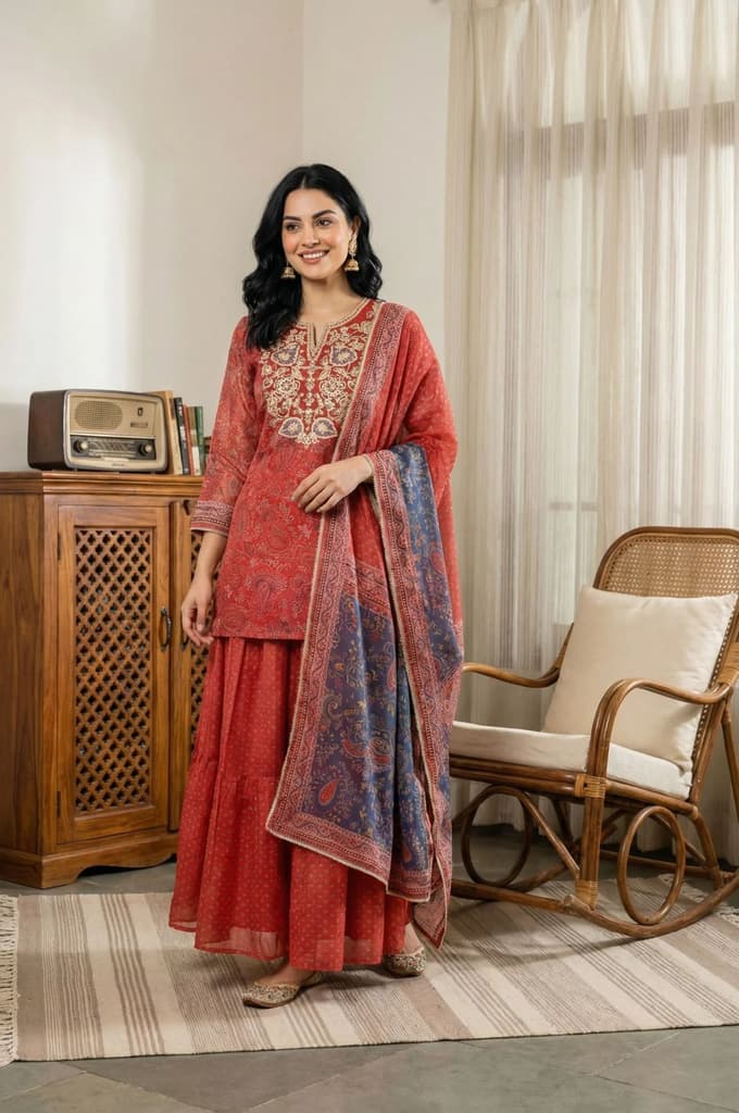 Red Zari Embroidered Paisley Printed Chanderi Straight Kurta with Sharara and Dupatta Set — XS