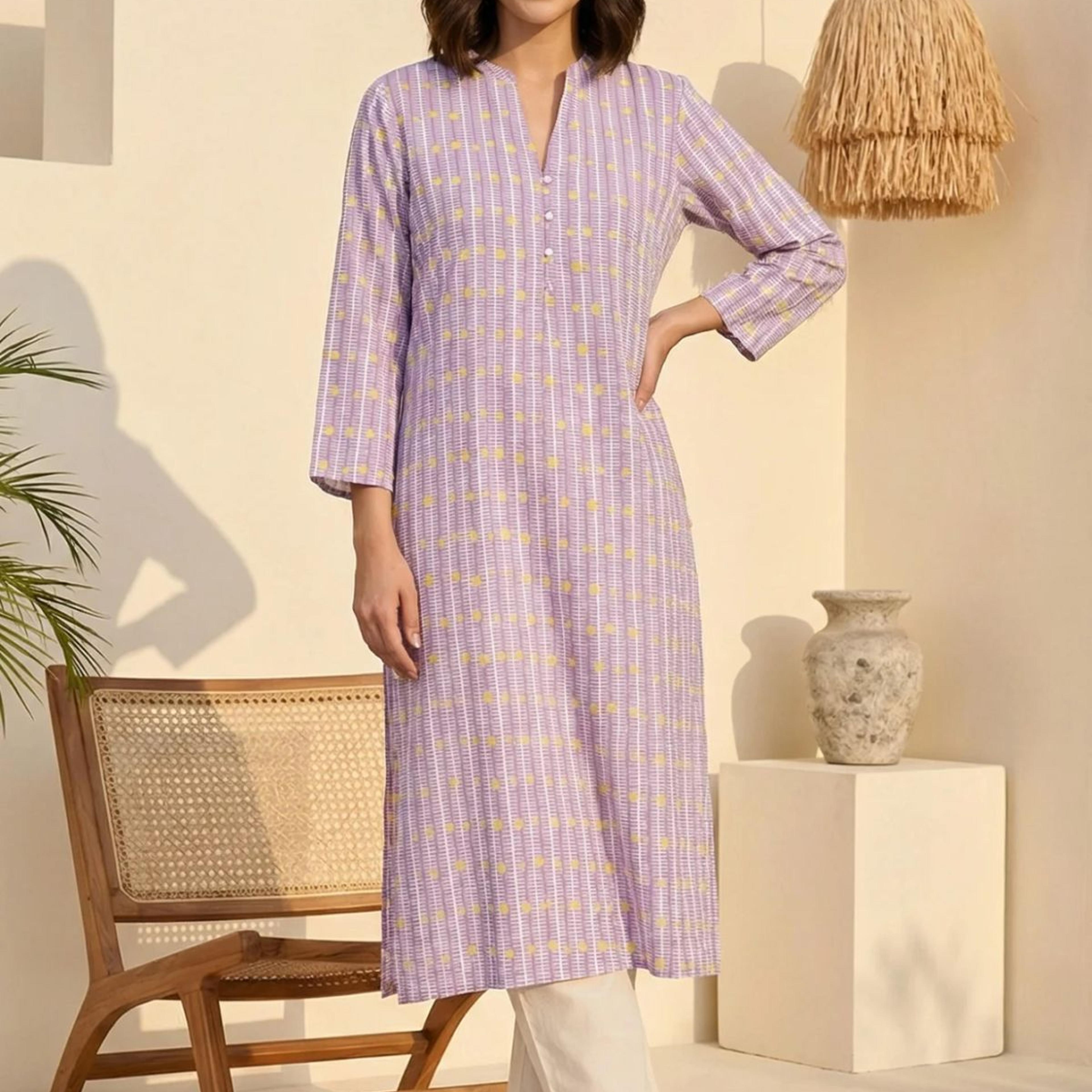 Purple Geometric Printed Rayon Straight Kurta