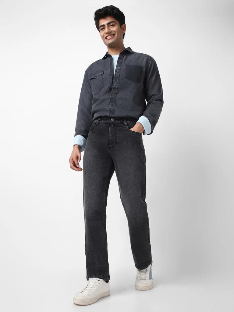Men's Black Straight Fit Washed Jeans Stretchable — photo 4
