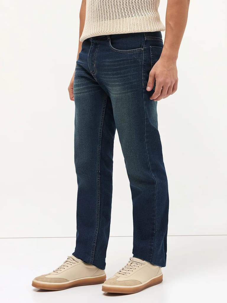 Men's Blue Regular Fit Whisker Wash Yellow Tint Denim Jeans Stretchable — photo 4