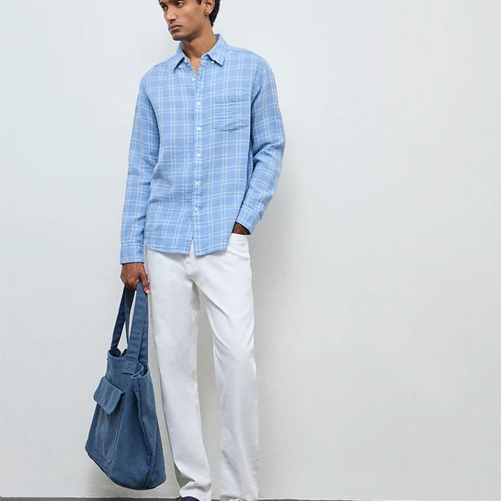 WES Casuals Light Blue Checks Relaxed-Fit Cotton Shirt