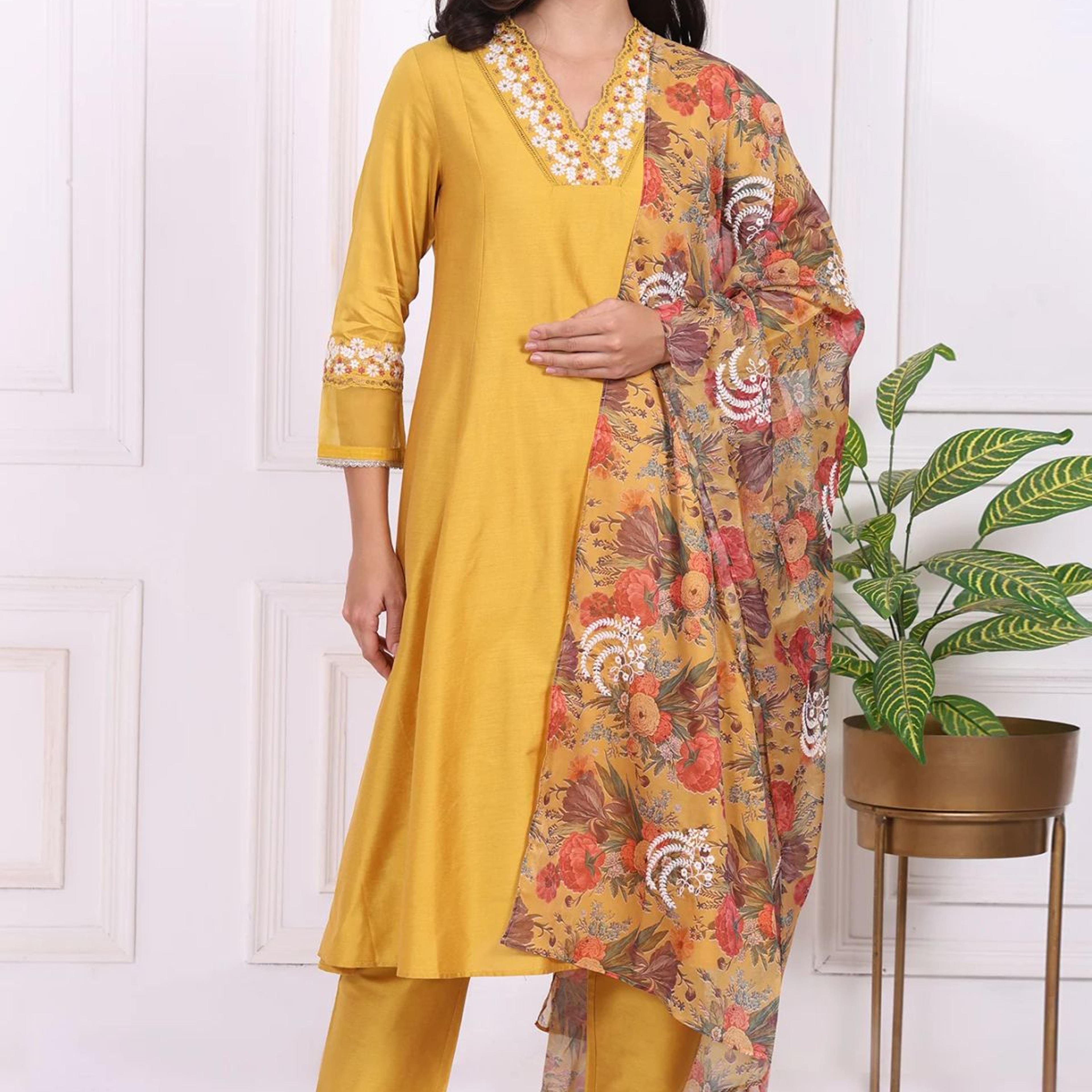 Yellow Embroidered Straight Kurta, Pants and Dupatta Set