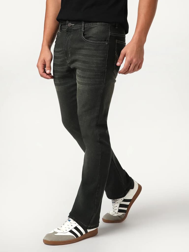 Men's Dark Grey Bootcut Fit Mid Rise Heavy Washed Jeans Stretchable — photo 3