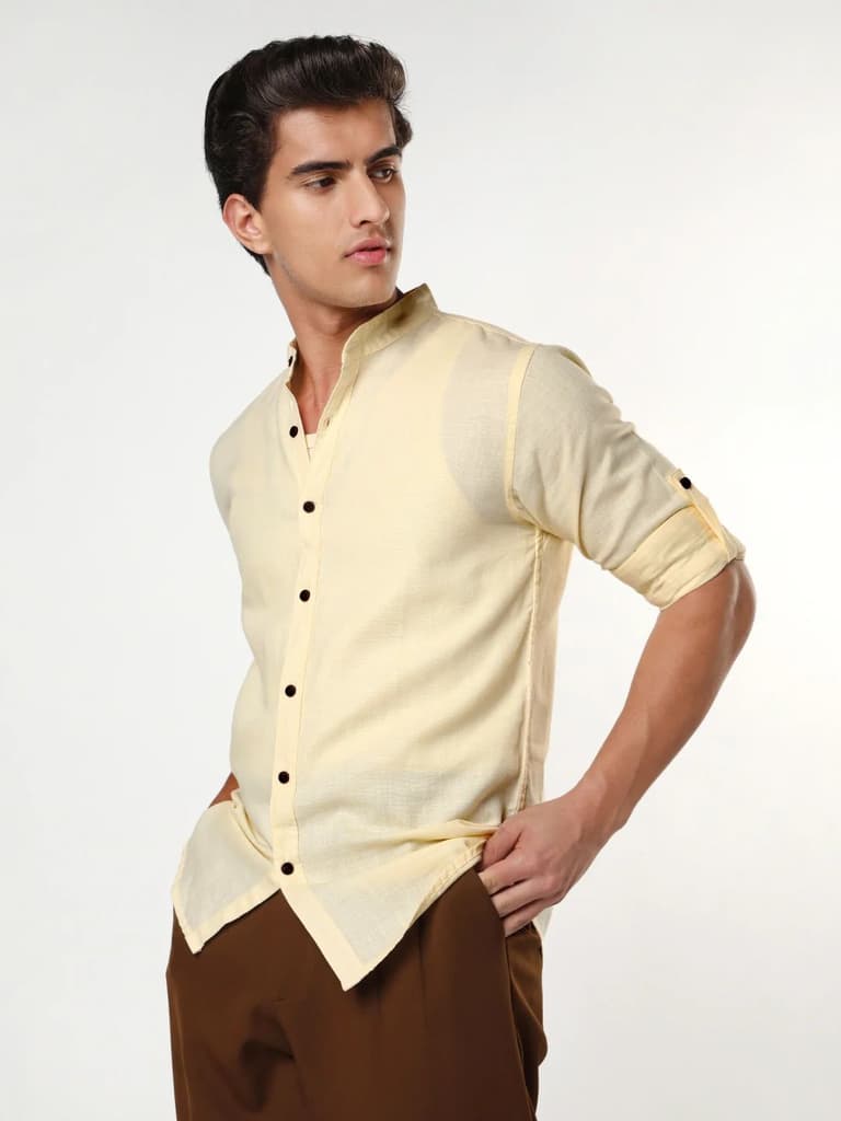 Men's Tender Yellow Linen Blend Full Sleeve Relaxed Fit Mandarin Collar Casual Solid Shirt — photo 2