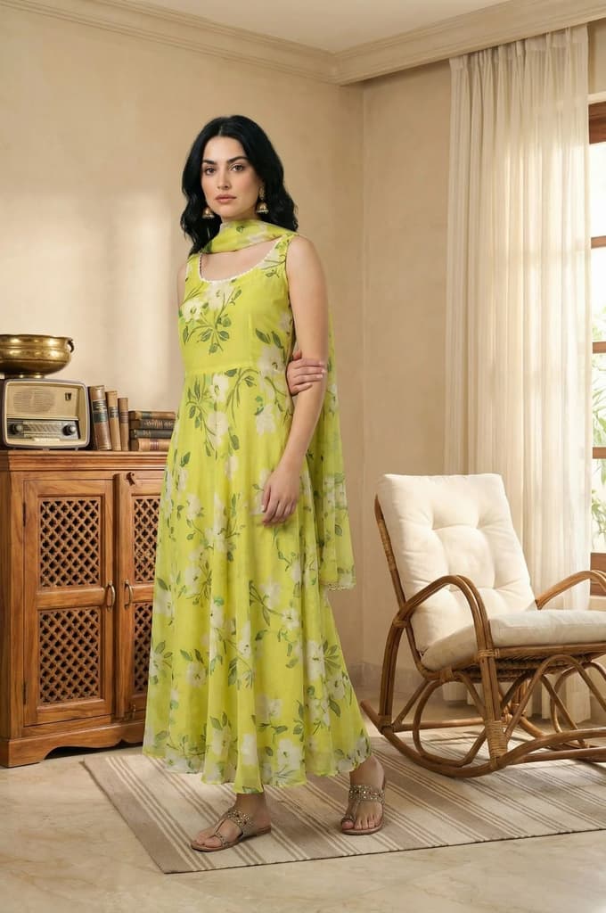 Lime Yellow Floral Printed Organza Flared Dress with Dupatta Set — photo 4