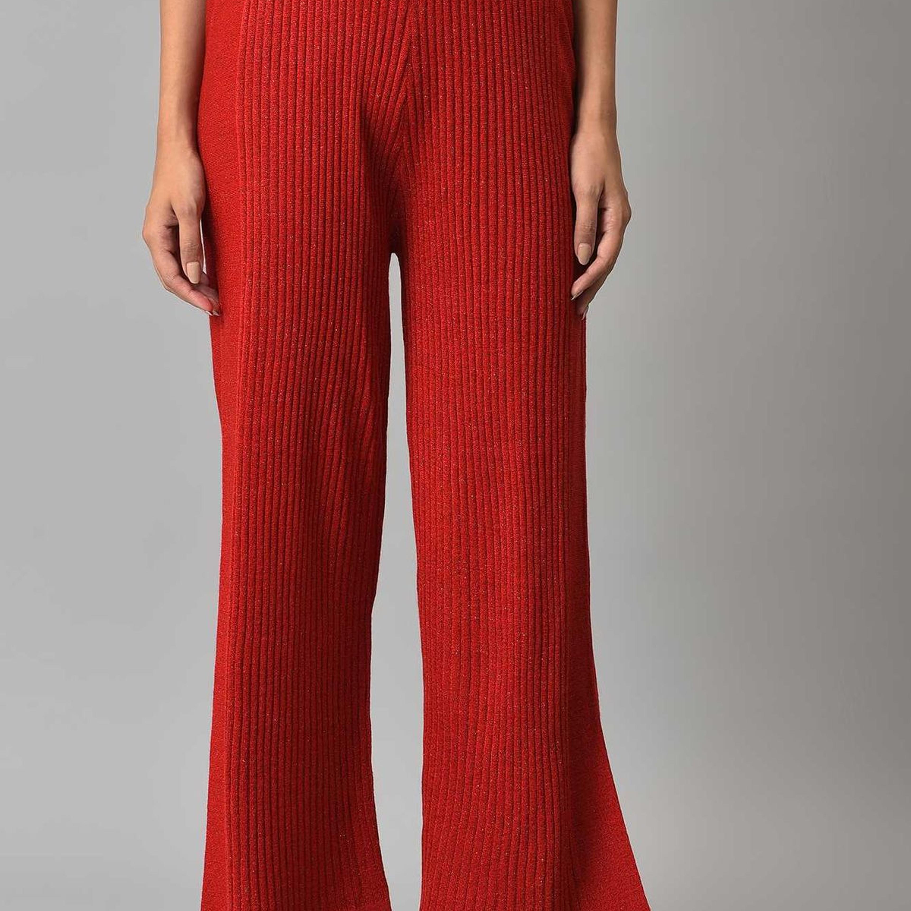 Red Solid Wide Leg Acrylic Palazzo With Elasticated Waist