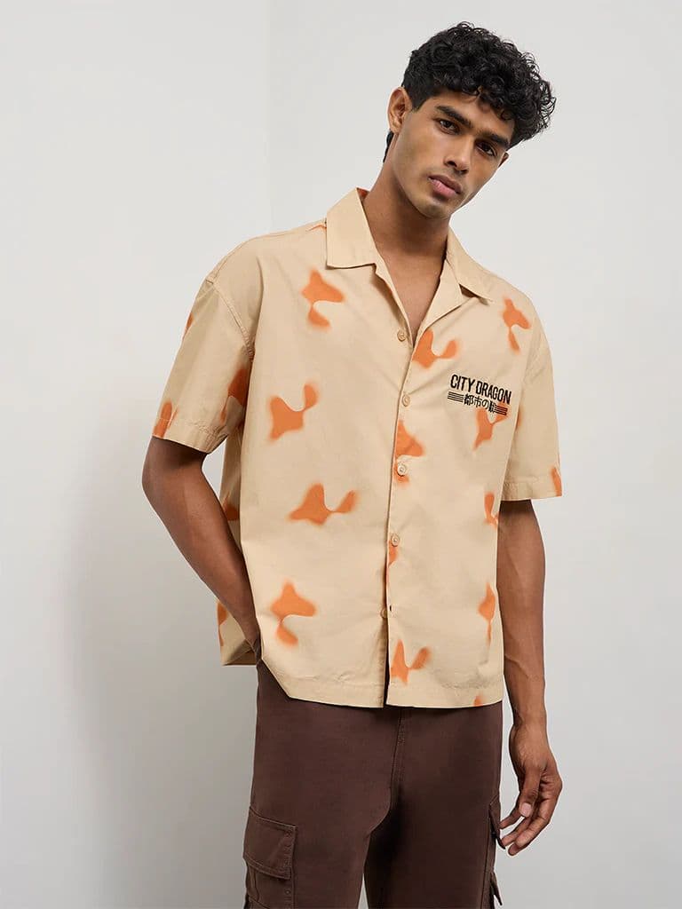Nuon Beige Abstract Printed Relaxed-Fit Cotton Shirt — photo 2
