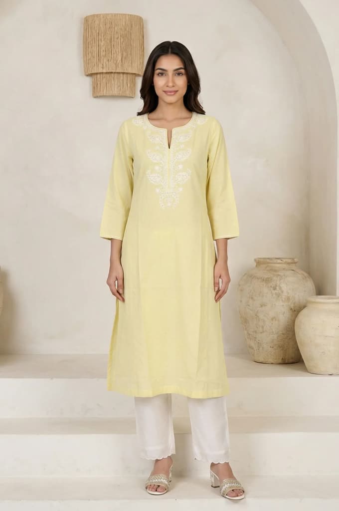 Yellow Chikankari Pure Cotton Straight Kurta — XS