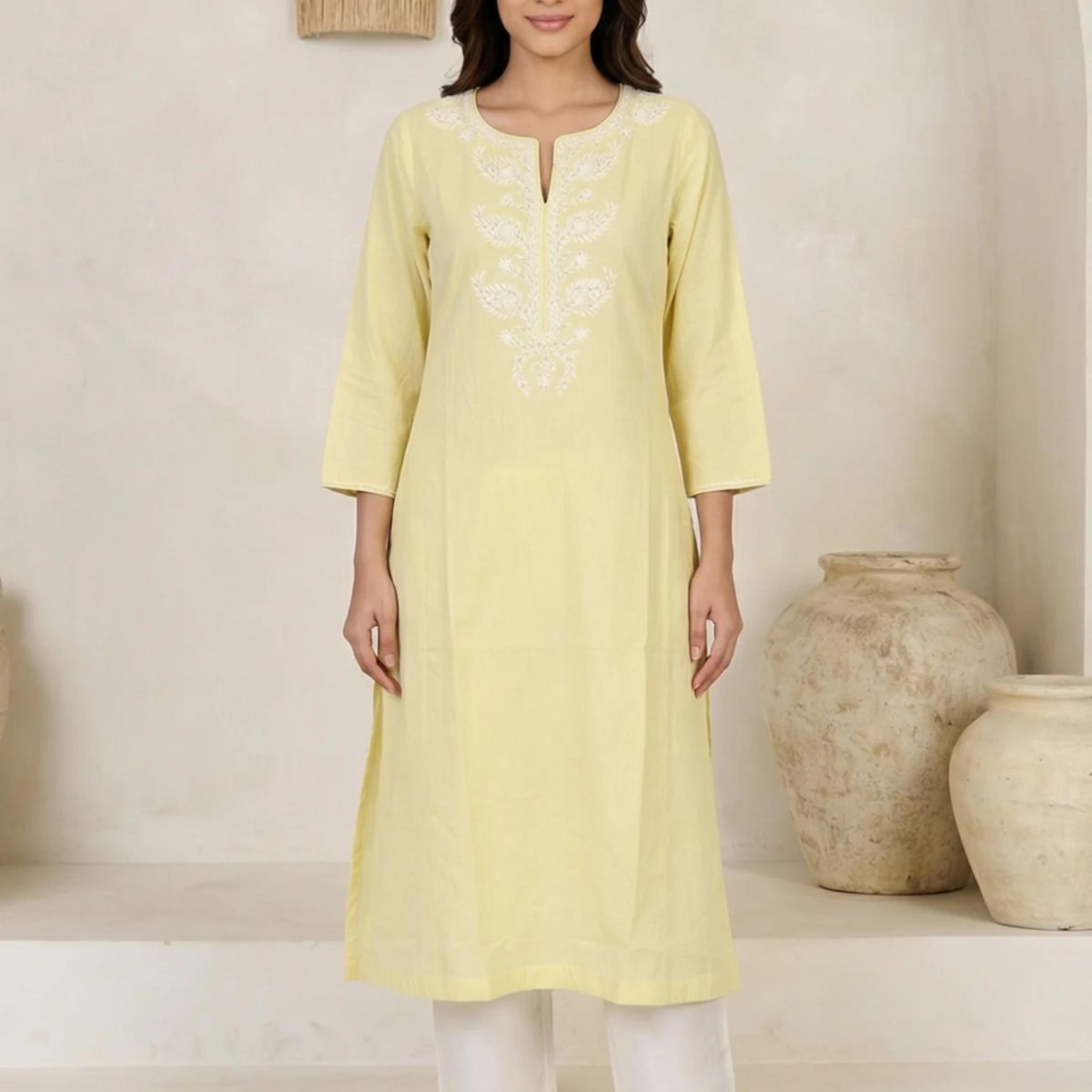 Yellow Chikankari Pure Cotton Straight Kurta