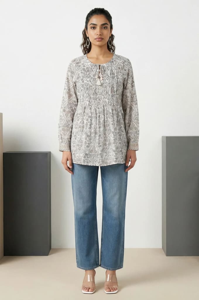 Off White Block Floral Printed Pure Cotton Flared Top — photo 2