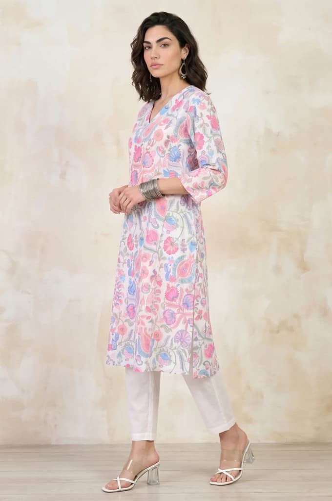 White Floral Printed Pure Cotton Straight Kurta — photo 4