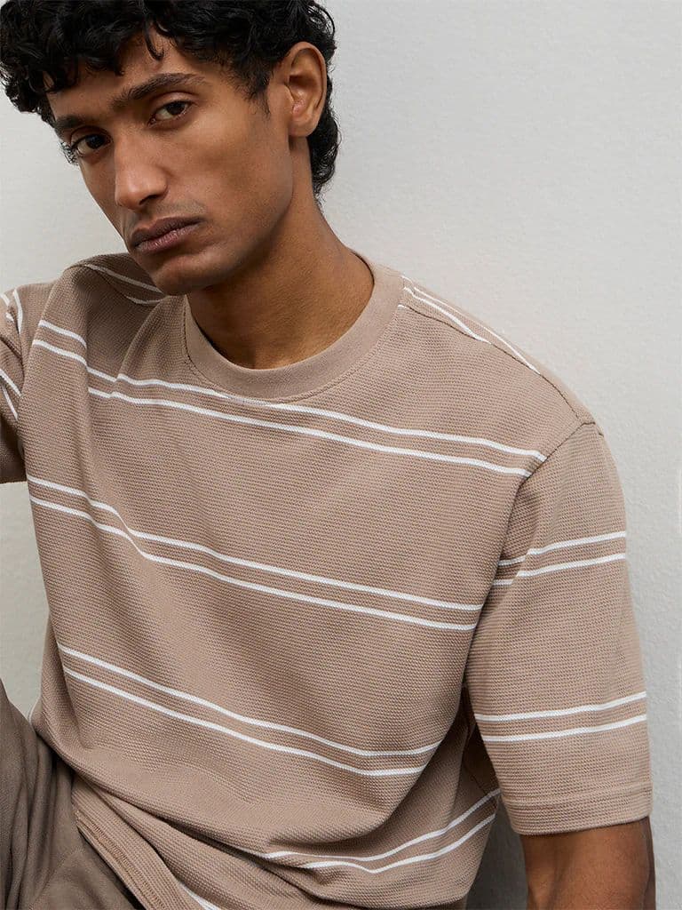 WES Lounge Beige Striped Relaxed-Fit Cotton T-Shirt — photo 3