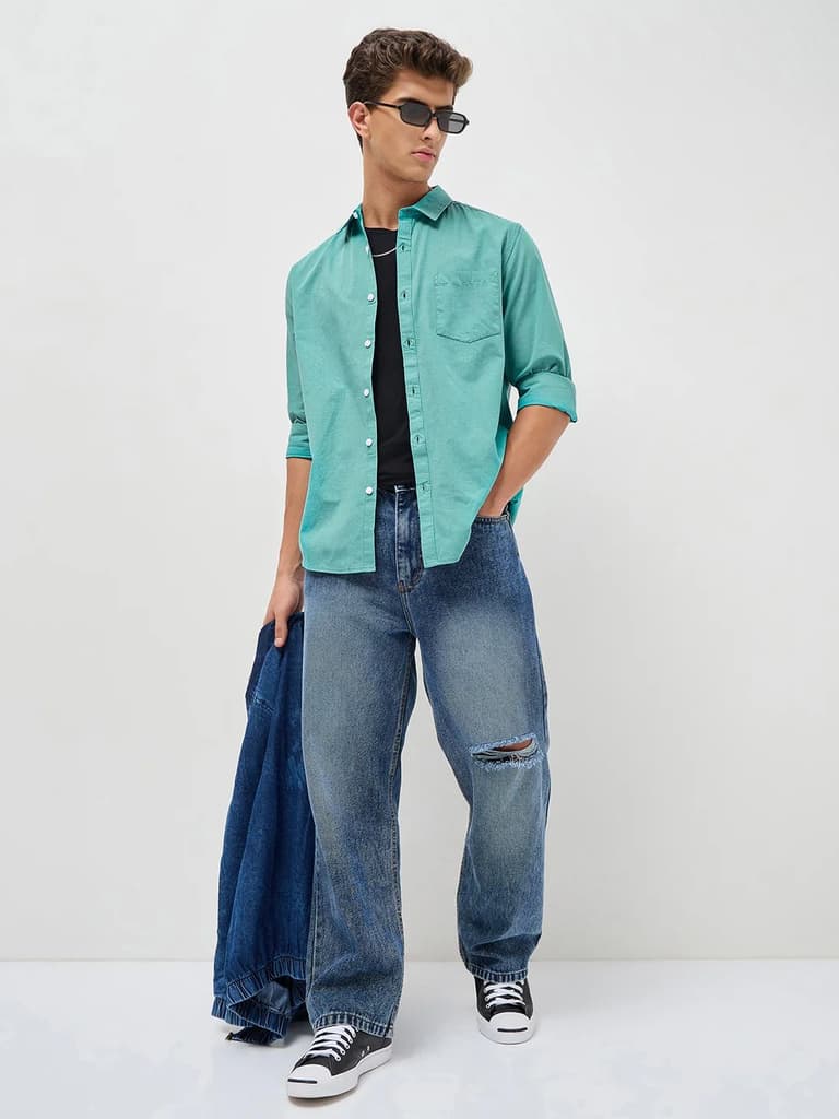 Men's Light Teal Cotton Full Sleeve Regular Fit Casual Solid Slub Shirt with Spread Collar — photo 4