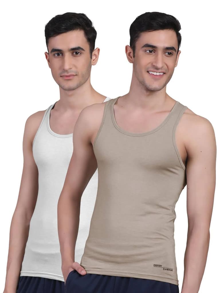 Twin Skin Organic Bamboo Vest - Comfort Fit (Pack of 2) — White; Beach Sand / S / Men