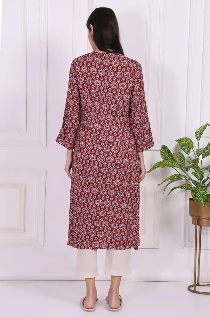 Red Floral Printed Rayon Straight Kurta — photo 5