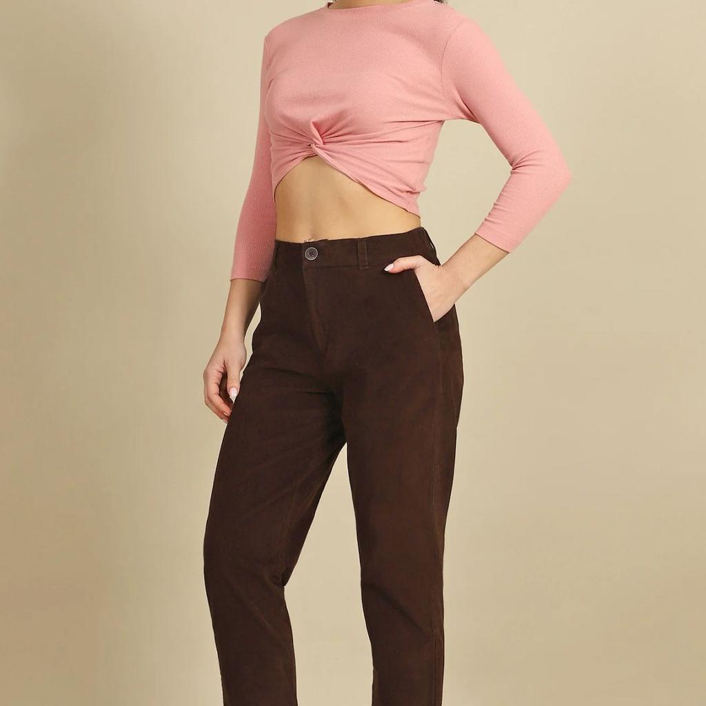 Brown Solid Straight Fit Cotton Pants with YKK Zipper