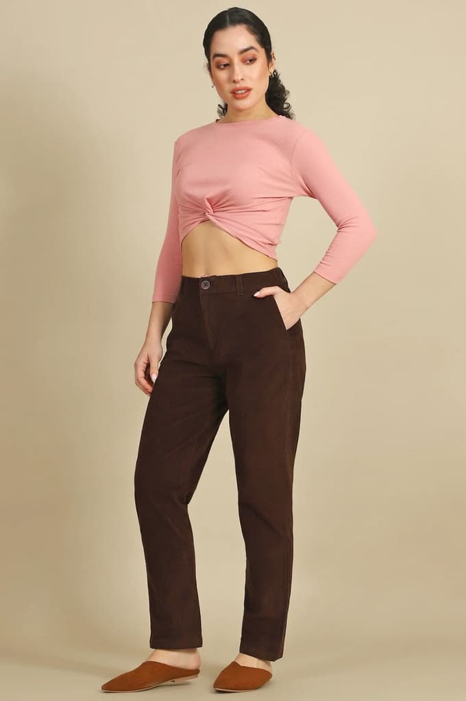 Brown Solid Straight Fit Cotton Pants with YKK Zipper