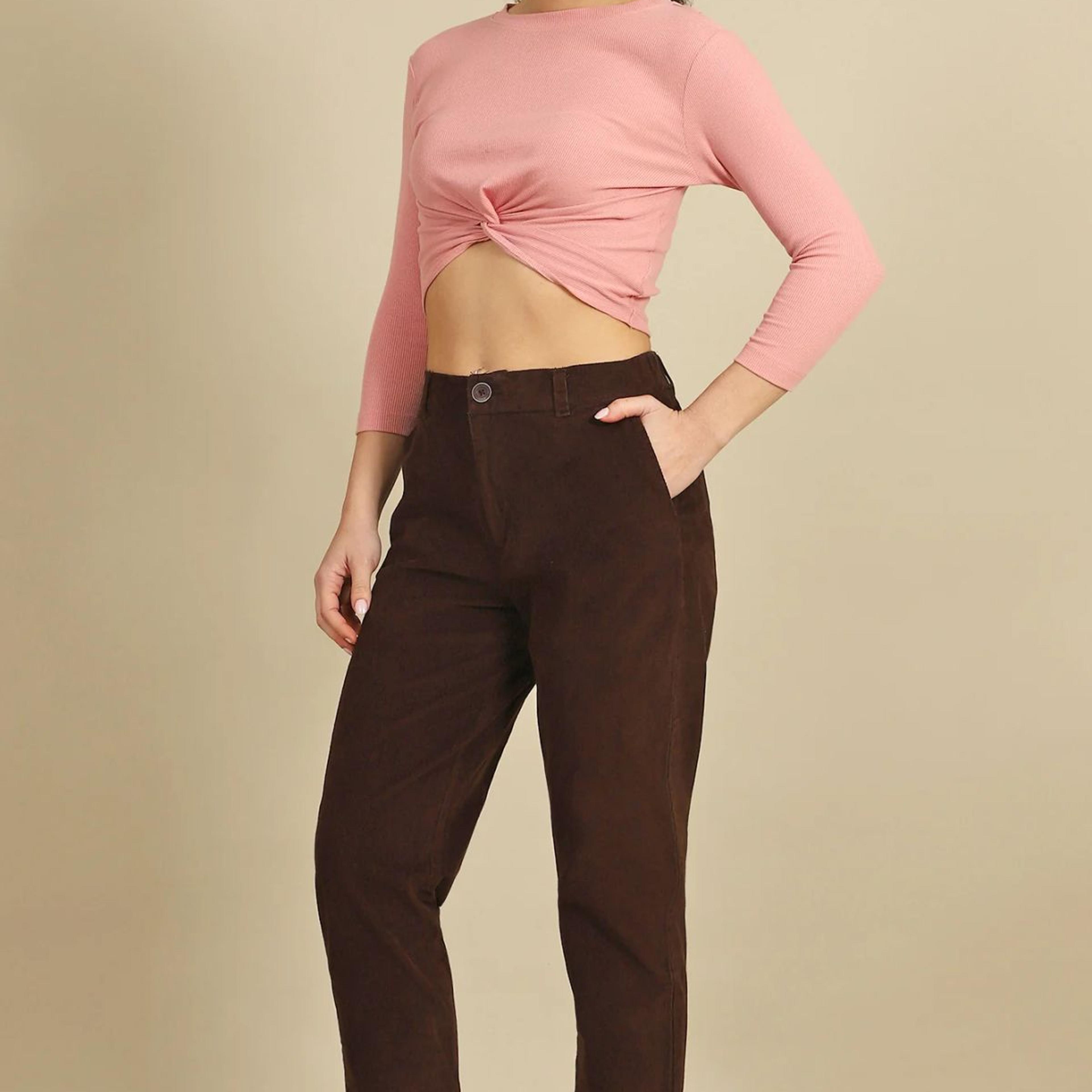 Brown Solid Straight Fit Cotton Pants with YKK Zipper