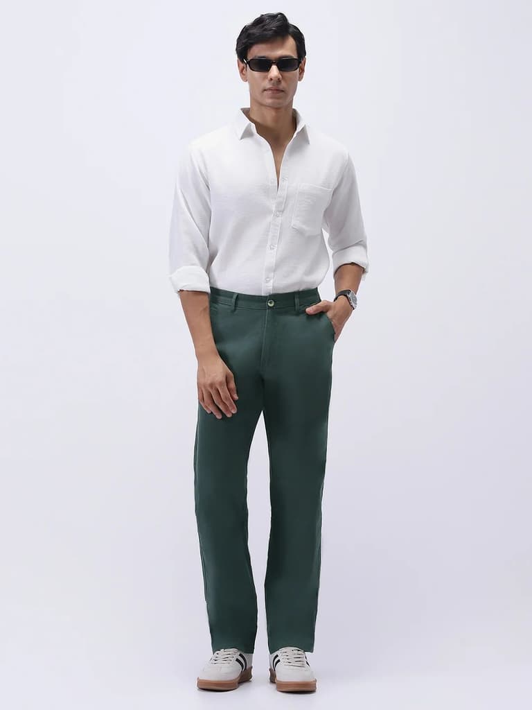 Men's Teal Green Cotton Regular Fit Casual Chinos Trousers Stretch — photo 5
