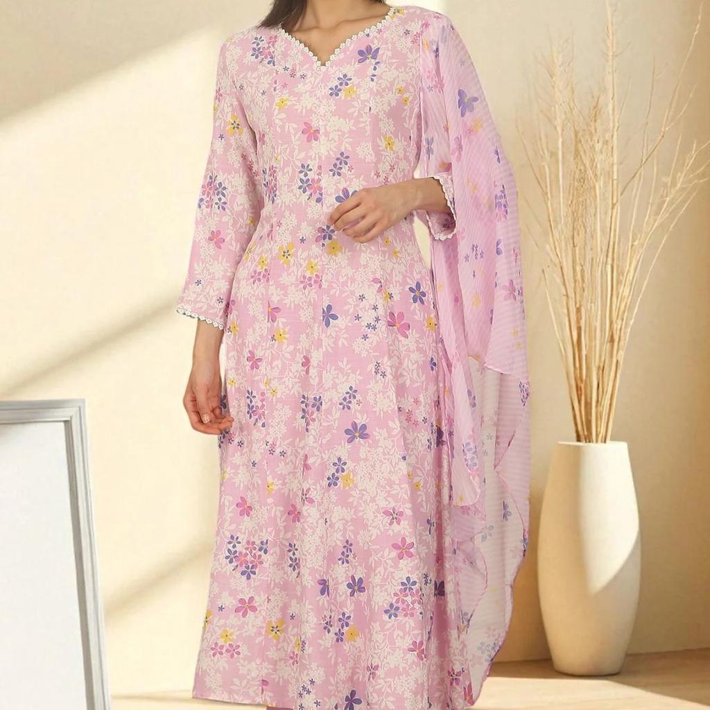 Pink Floral Printed Flared Rayon Kurta, Pants and Dupatta Set