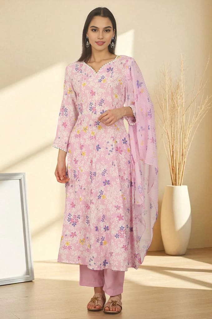 Pink Floral Printed Flared Rayon Kurta, Pants and Dupatta Set — XS