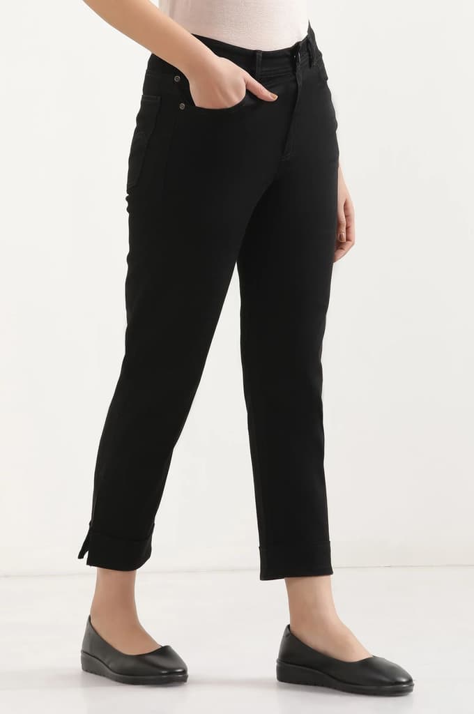 Black Solid Straight Fit Denim Pants With Side Slit — photo 5