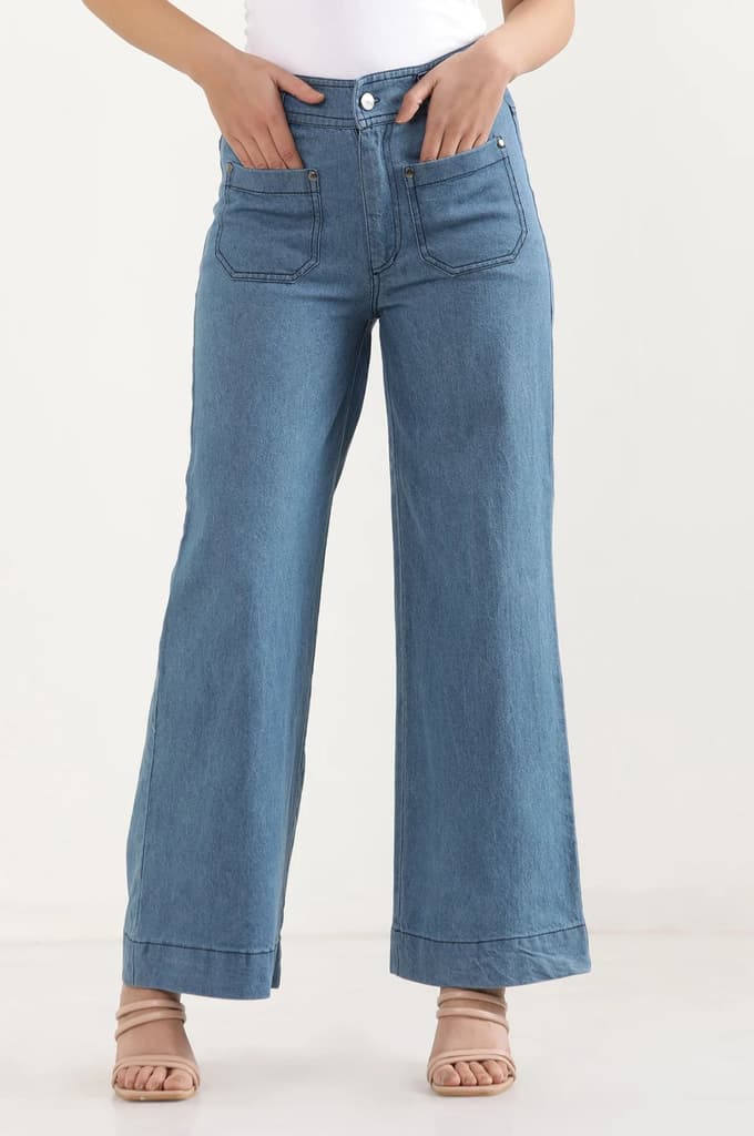 Light Blue Solid Flared Denim Pants With Button Detail — photo 2