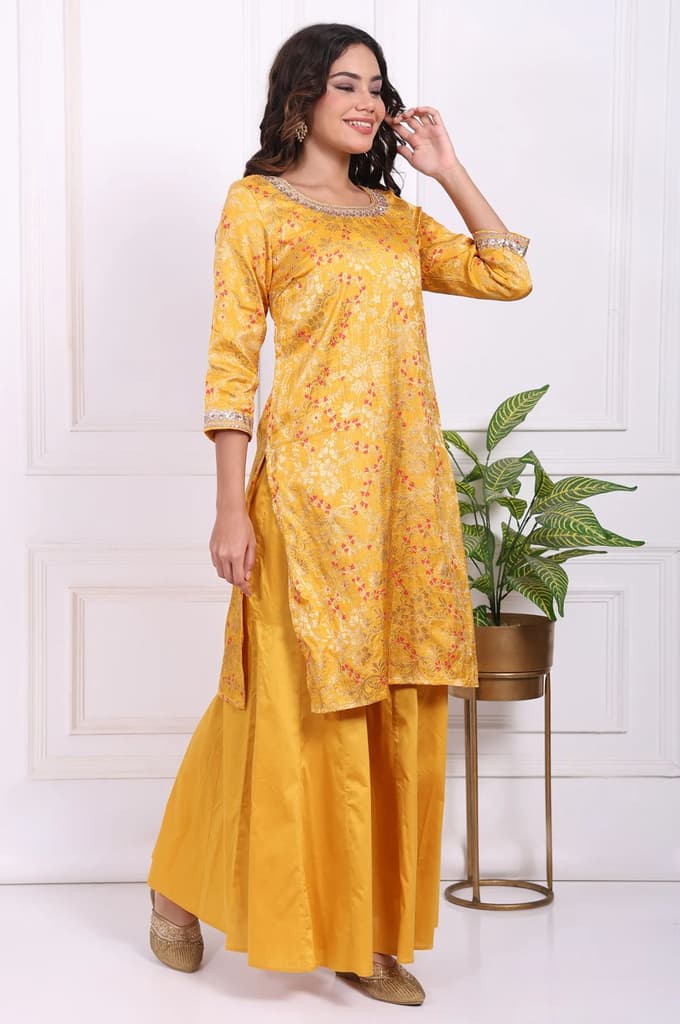 Yellow Embroidered Straight Jacquard Kurta with Sharara and Dupatta Set — photo 6