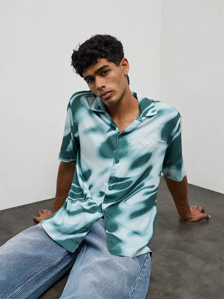 Nuon Teal Abstract Printed Relaxed-Fit Cotton Shirt — photo 2
