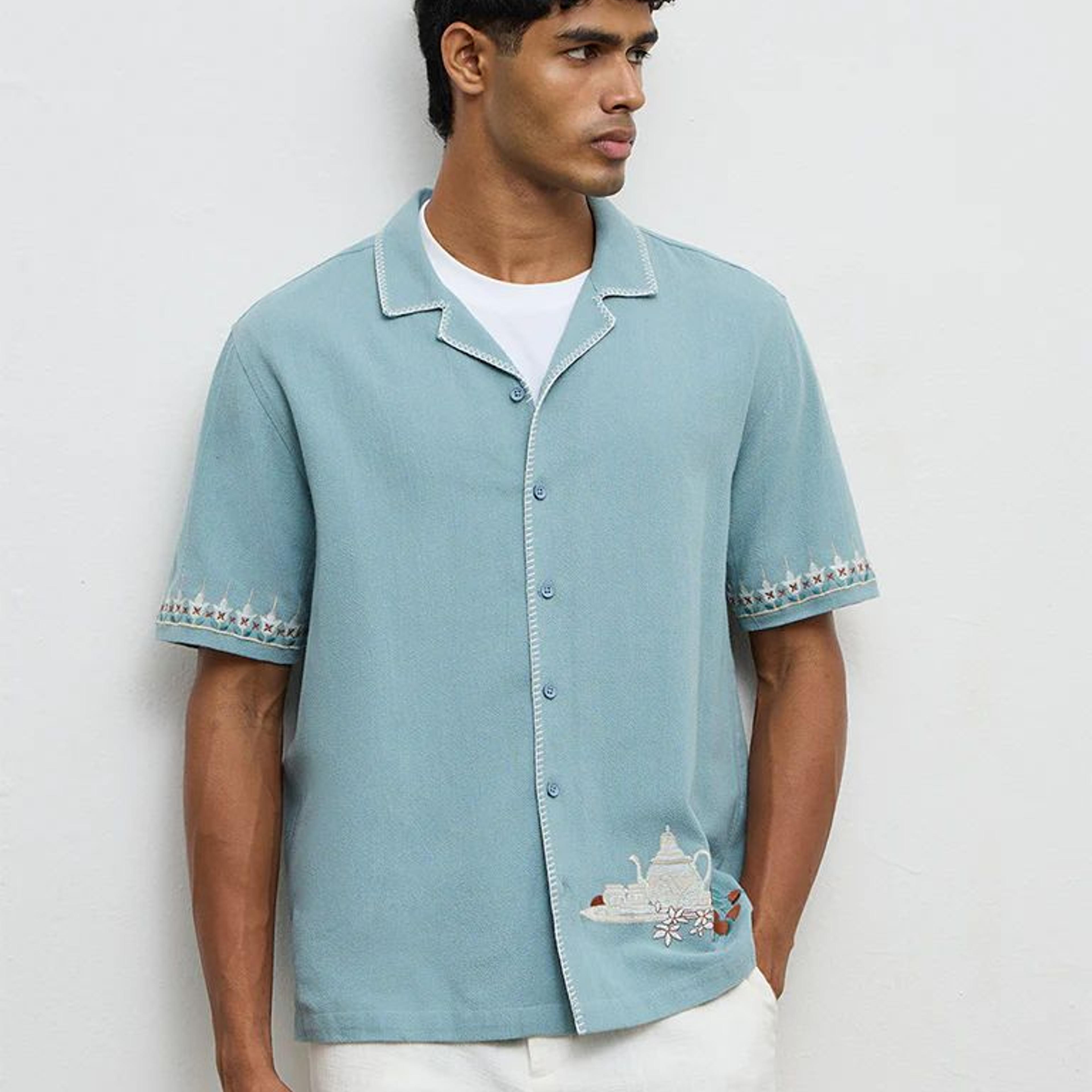 ETA Light Teal Embroidered Relaxed-Fit Cotton Shirt
