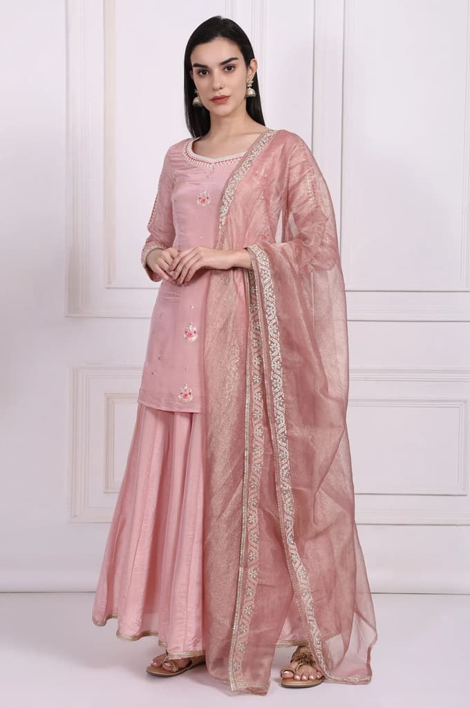 Pink Embroidered Straight Tissue Kurta with Culotte and Dupatta Set — photo 3